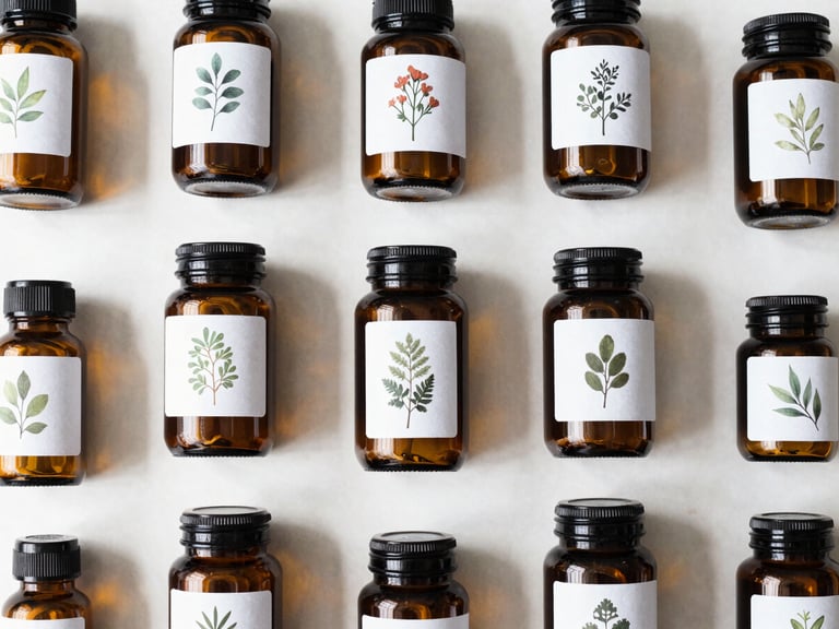 Flat-lay of clean amber glass jars and bottles with botanical labels, arranged on a white surface with gentle shadows, soft natural daylight, 35mm lens