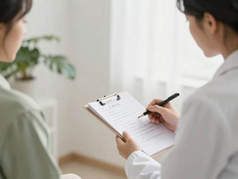 Close-up of a clinical herbalist discussing notes with a client in a bright, minimalist consultation room, soft natural daylight, 35mm lens