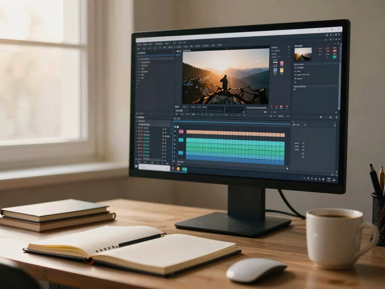A quiet creative workspace with a large monitor displaying video editing software, physical notebooks, a ceramic coffee mug, soft warm window light, 35mm film grain.