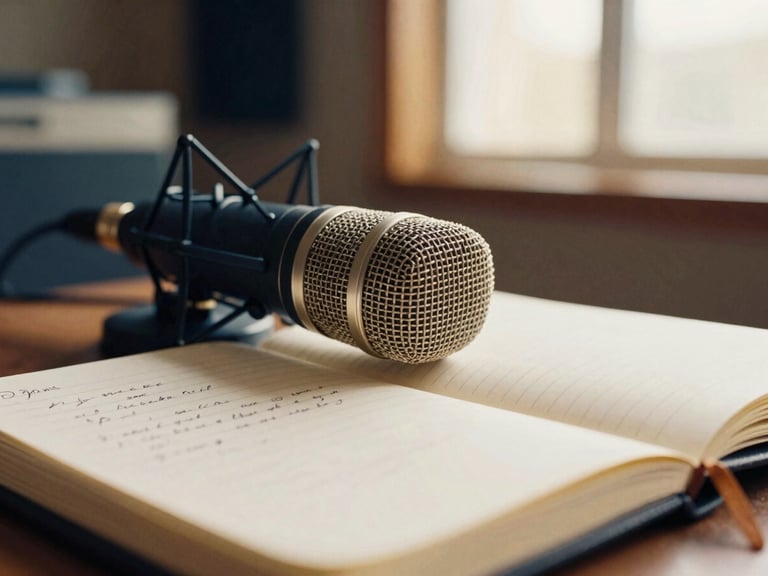 Close-up of a high-end microphone in a warm studio, soft focus on a physical notebook with handwritten notes nearby, warm gold accents.