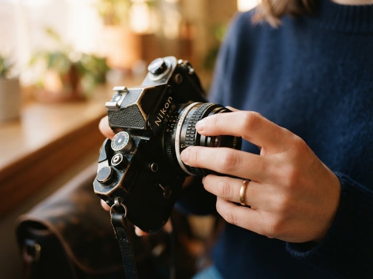 Close-up of a hand adjusting a vintage 35mm camera lens, warm golden-hour window light, shallow depth of field, rich navy tones.