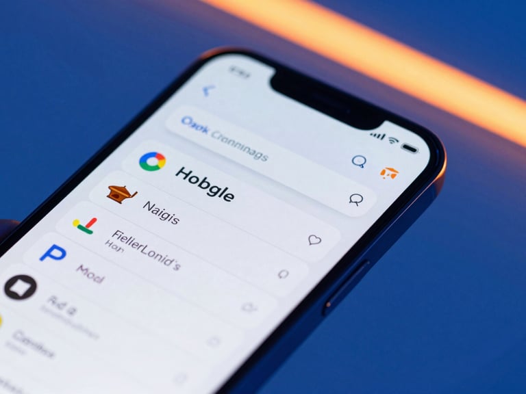 Close-up of a smartphone displaying a Google Maps search result for a local business, crisp studio lighting with blue and orange accents, sharp focus.