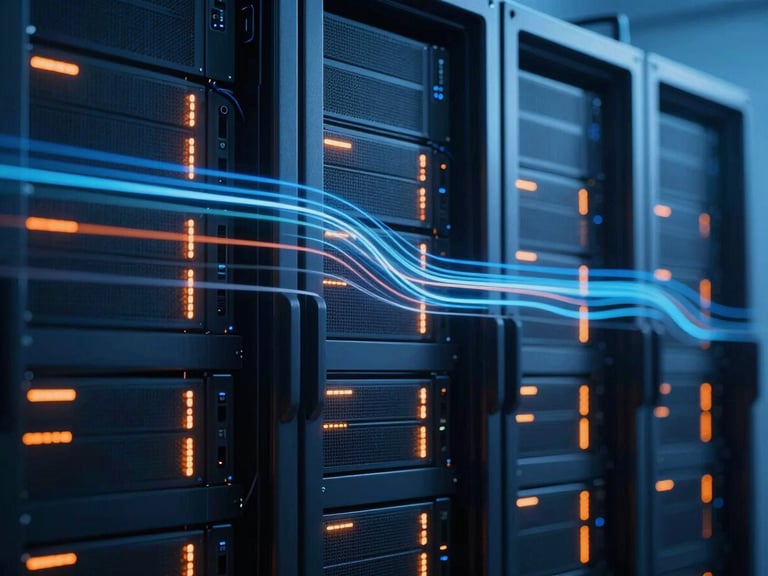 Abstract digital light trails flowing over server racks, cool blue studio lighting with orange neon accents, sharp focus on data streams.
