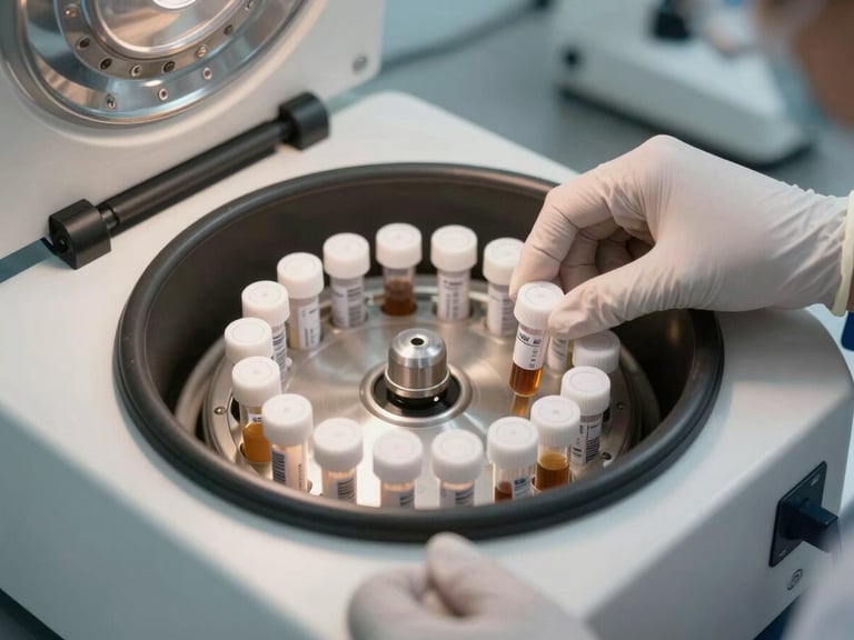 Close-up overhead view of gloved hands placing labeled specimen tubes into a centrifuge rotor under bright clinical overhead lighting, requisition barcodes visible on tubes, clean stainless steel equipment surface
