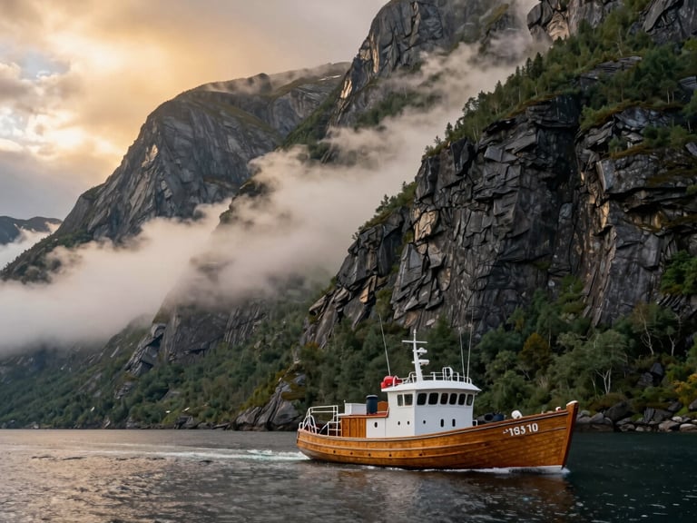 Extreme wide cinematic shot of a wooden expedition boat navigating a deep Norwegian fjord, heavy mist clinging to dark green pine cliffs, golden hour light filtering through clouds.