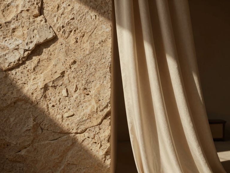 Extreme close-up of raw textured stone wall meeting soft silk drapery inside a minimal desert pavilion, warm low-key natural light casting long shadows.