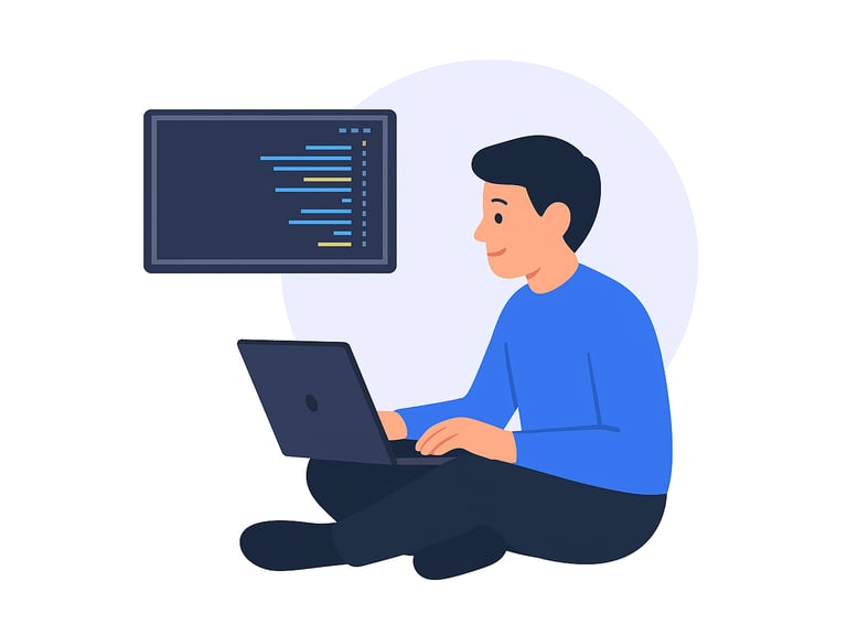 Developer working on coding tutorials using a laptop and code editor