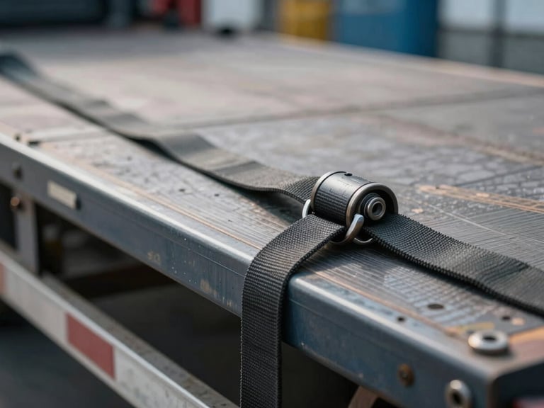 Close-up of heavy-duty cargo strapping on a flatbed truck, realistic motion blur, cool crisp industrial lighting.