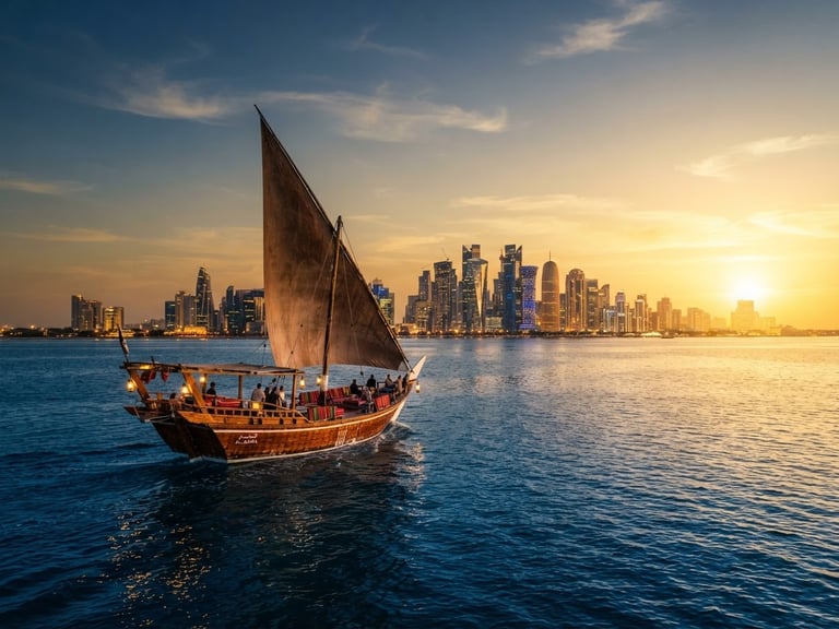 Cinematic wide shot of a traditional wooden dhow sailing on deep blue waters, glittering West Bay skyline at golden hour, warm editorial travel photography