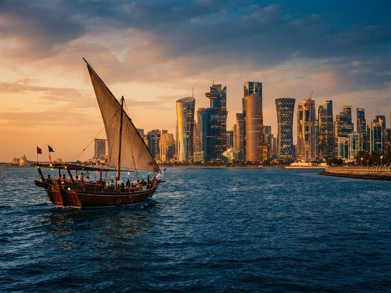 Cinematic wide shot of the West Bay skyline at golden hour, a traditional wooden dhow sailing on deep blue waters in the foreground, warm editorial travel photography, 35mm