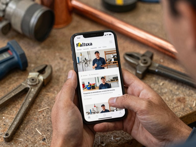 A smartphone showing a plumbing service website mockup, held by hands in a workshop environment, industrial tools and copper pipes in the background