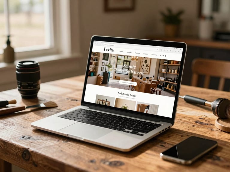 A laptop displaying a clean salon website mockup on a rustic wooden table, warm Texas morning light filtering through a window, styling tools blurred in the background