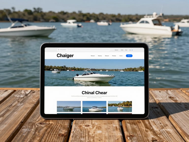 A tablet displaying a boat charter website mockup, resting on a wooden dock with boats floating on Clear Lake in the background, bright natural Texas daylight