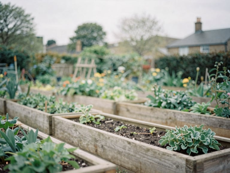 A quiet Bristol community garden with simple wooden planter boxes, soft diffused overcast daylight, muted sage green tones, 35mm film.