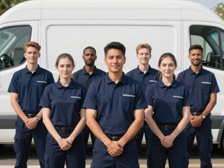 A group of professional movers in clean navy uniforms standing proudly in front of a transport vehicle, bright morning daylight, natural confident smiles, sharp focus, 35mm lens.