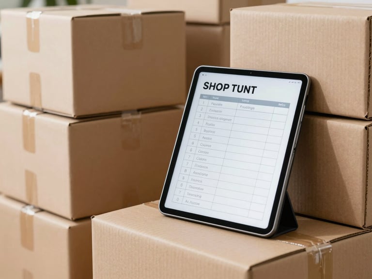 Crisp editorial photography, bright morning daylight. A clean digital tablet showing a structured moving checklist sitting next to neatly stacked, clearly labeled cardboard boxes.