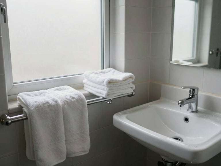Wide environmental shot of a cleaned bathroom interior, bright daylight from a frosted window, folded white towels on a rail, wiped basin and mirror, no people, documentary and task-complete