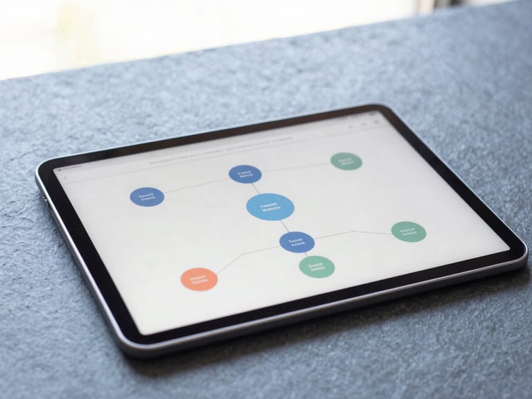 A clean, high-focus workspace with a tablet displaying a detailed learning node map, bright natural daylight, slate blue tones, shallow depth of field.