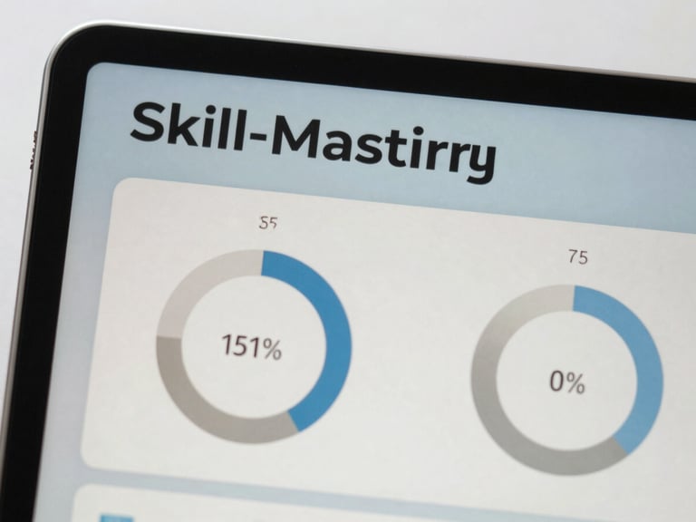 A close-up of a tablet screen showing real-time skill-mastery tracking with precise progress rings and clean slate typography, bright daylight, shallow depth of field.