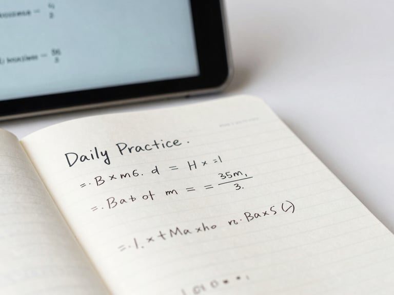 A clean notebook with handwritten math equations sits next to a digital screen displaying a personalized daily practice list, bright natural daylight, 35mm.