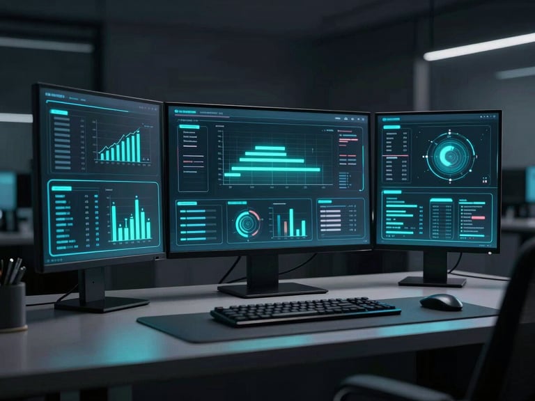 Clean, modern workspace with a holographic interface displaying data flows, neon cyan accents, sleek dark-mode tech photography, 35mm