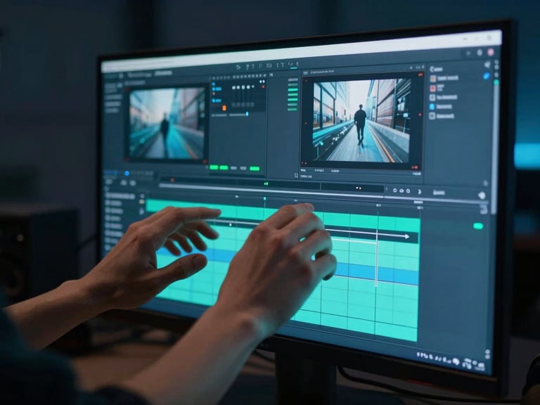 Artist's hands adjusting a video editing timeline on a large monitor, with vibrant turquoise highlights on the screen, moody studio environment.