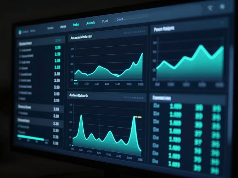 Digital dashboard with audience demographic data and interest graphs, glowing electric turquoise lines, dark tech-focused setting.