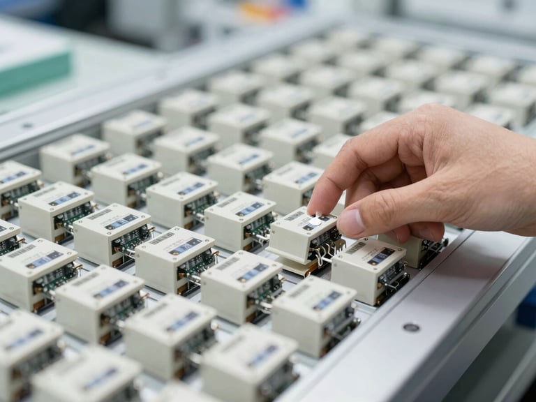 Close-up of a hand inspecting a batch of electronic components on a production line, bright warehouse lighting, sharp focus