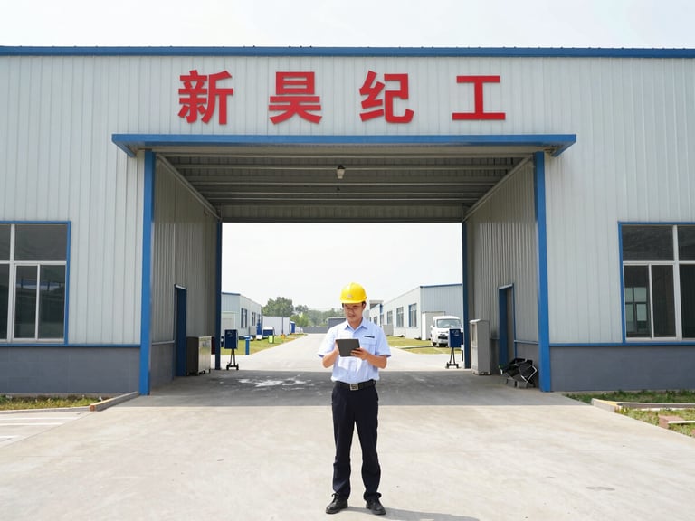 Professional inspector verifying supplier credentials at a factory entrance in Yiwu, China, bright neutral daylight, wide shot