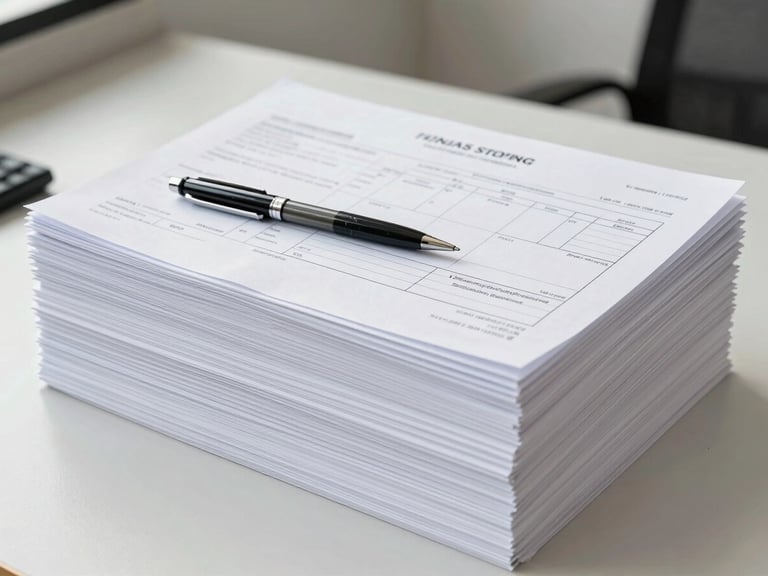 Organized stack of international shipping documents and customs forms on a desk, a pen resting on top, bright office lighting