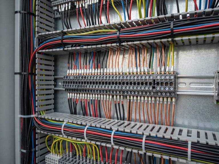 Macro shot of a perfectly organized electrical panel, clean copper wiring, technical precision, bright daylight, sharp industrial photography