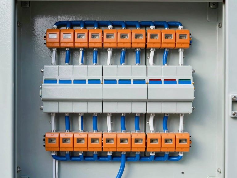 Perfectly organized industrial electrical panel, clean symmetrical wiring, orange and blue details, macro shot