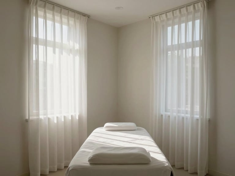 Symmetrical architectural crop of a minimalist treatment room, soft afternoon sun filtering through sheer drapes, clean neutral walls, immaculate preparation.