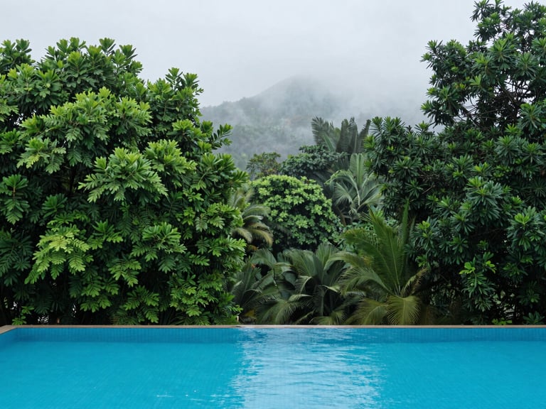 Clean, inviting swimming pool surrounded by lush greenery under soft overcast skies, no people