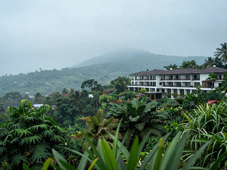 Misty Lonavala hillside view from a resort balcony, lush green foliage in foreground, soft overcast daylight
