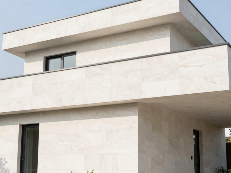 Bright modern home exterior with clean masonry, soft natural daylight, straight architectural lines, 35mm lens