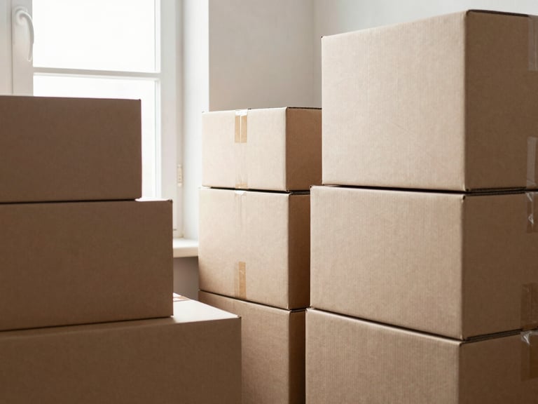 Cardboard boxes neatly stacked in a sunlit entryway, soft morning light, clean Scandinavian styling, 35mm lens.