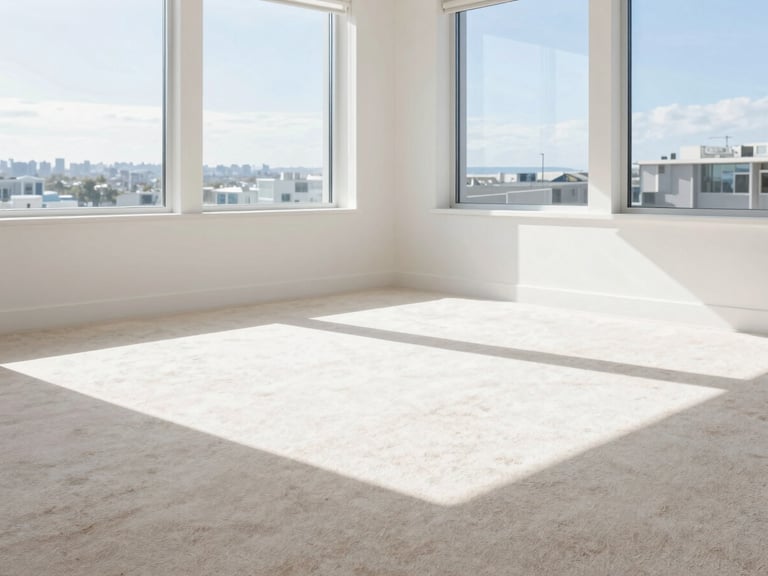 Bright sun-drenched modern living room with pristine clean beige carpet, natural daylight streaming through large windows, soft shadows, crisp clean white and blue tones