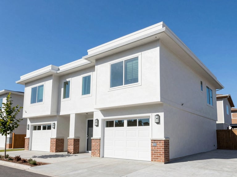 Wide architectural angle of a sunny Boise townhome exterior, clean facade, clear blue sky.