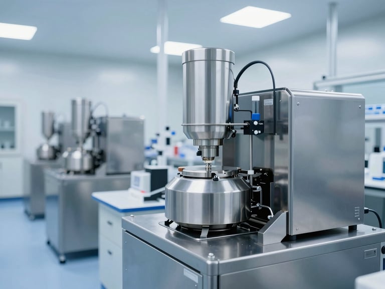 Wide-angle cleanroom environment, bright sterile laboratory lighting, automated stainless steel formulation machinery in a cool blue toned facility, 35mm