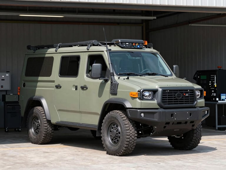 Clean branded tactical fleet vehicle parked in a hangar, inspection equipment visible, high-contrast natural daylight.