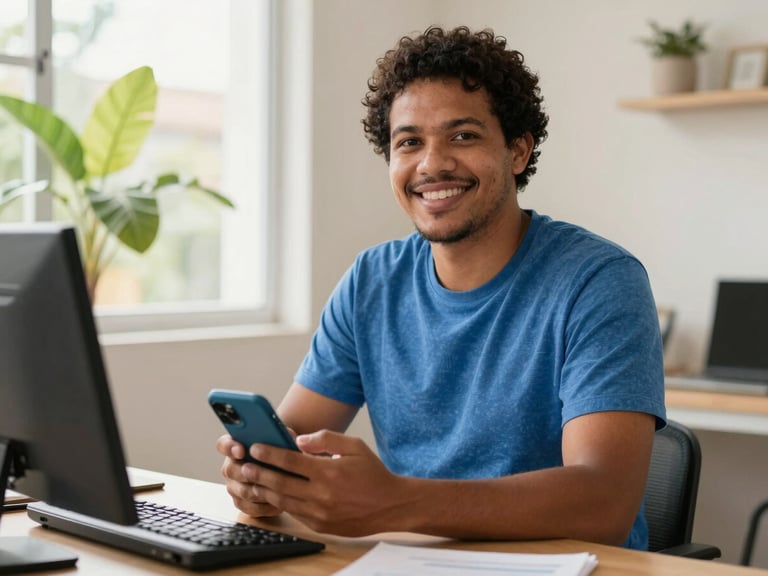 Environmental portrait of a Brazilian worker in a bright, sunlit home office, holding a mobile phone with a secure banking app displayed, warm natural daylight, 35mm lens