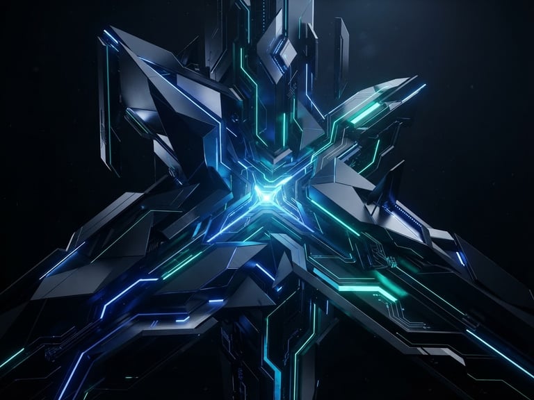 Sleek 3d render, dark obsidian background, electric blue and neon teal accents, clean geometric lines, octane render, wide 21:9 aspect ratio