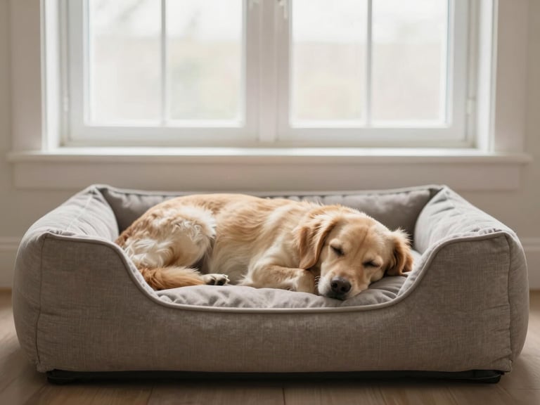 Comfortable, neutral-toned dog bed with a sleeping dog, natural pet photography, soft diffused window light, warm neutral tones, vertical framing.
