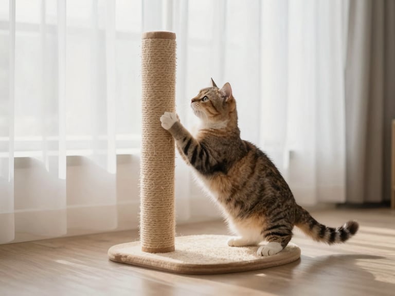Stylish cat scratching post with a cat actively using it, natural pet photography, soft diffused window light, warm neutral tones, vertical framing.