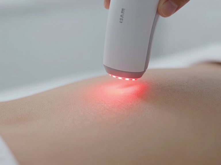 Macro shot of a high-tech LED device emitting a soft red light onto clean skin, clinical aesthetic, 35mm