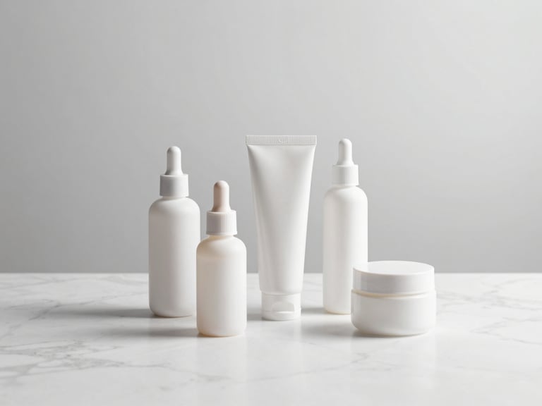 Minimalist clinical skincare products on a white marble surface, soft shadows, luxury aesthetic, 35mm