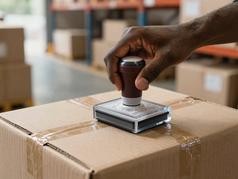 Close-up of a hand placing a clear customs clearance stamp on a cardboard shipping box in a brightly lit Jamaican logistics warehouse.