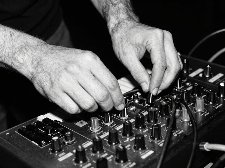 Gritty close-up of a musician's hands manipulating a tangled mess of patch cables on a modular synthesizer, harsh direct flash, high contrast monochrome, 35mm