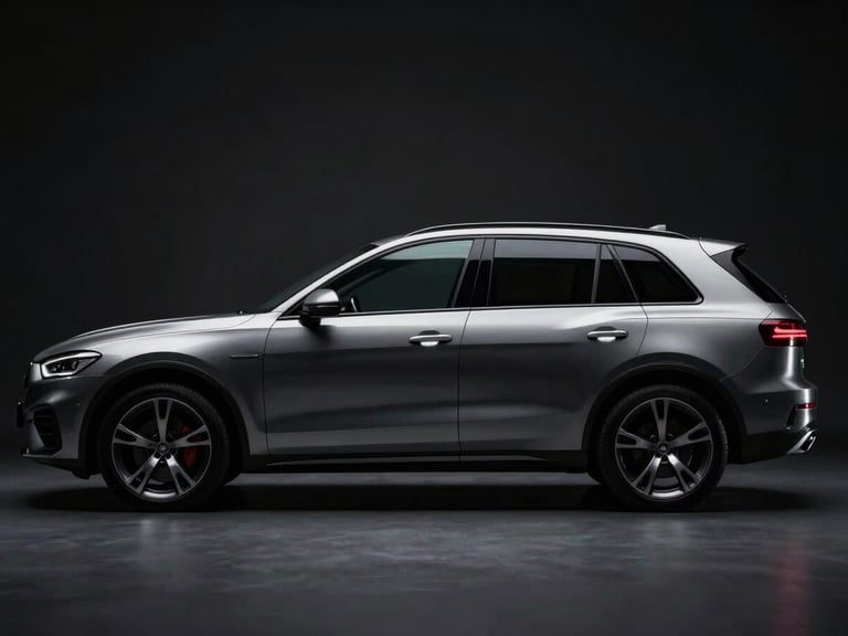 Sleek isolated vehicle silhouette in high-contrast studio lighting, metallic reflections against a dark background, dramatic side profile